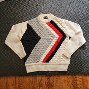 Vintage 100% Wool Cable Knit Ski Sweater, White Black Red Chevron Pattern, XL